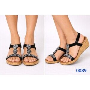 Skechers Womens Rhinestone Embellished Black Slingback Wedge Sandals Size 8 0089